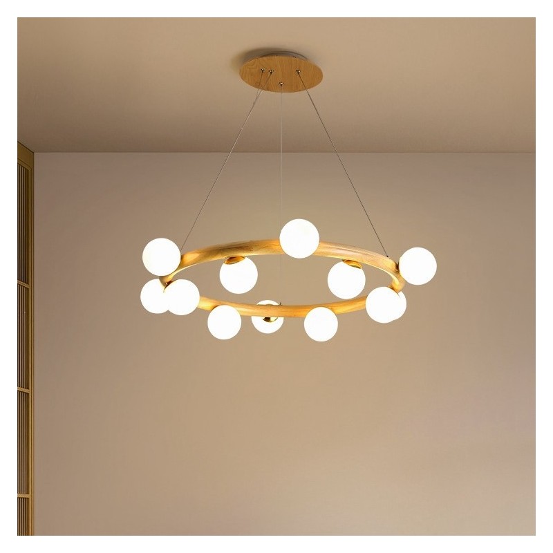 Lampadario a sospensione moderno in legno e vetro, ad anello, 70/80/90 cm, 8/10/12 luci
