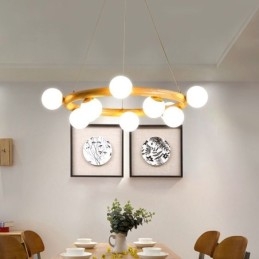 Lampadario a sospensione moderno in legno e vetro, ad anello, 70/80/90 cm, 8/10/12 luci