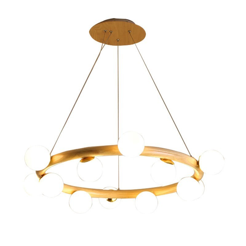 Lampadario a sospensione moderno in legno e vetro, ad anello, 70/80/90 cm, 8/10/12 luci