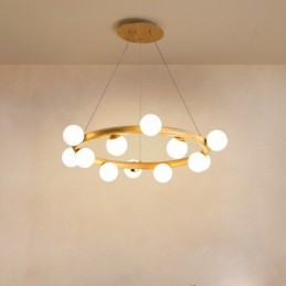 Lampadario a sospensione moderno in legno e vetro, ad anello, 70/80/90 cm, 8/10/12 luci
