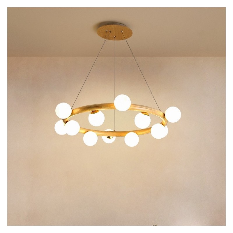 Lampadario a sospensione moderno in legno e vetro, ad anello, 70/80/90 cm, 8/10/12 luci