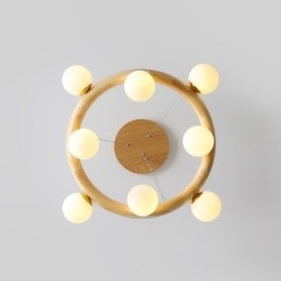 Lampadario a sospensione moderno in legno e vetro, ad anello, 70/80/90 cm, 8/10/12 luci