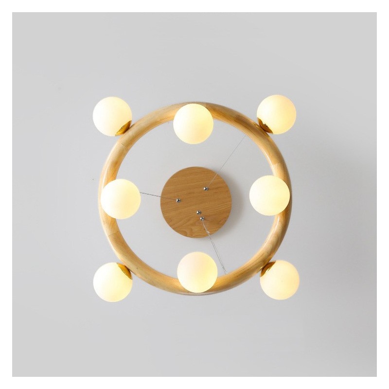 Lampadario a sospensione moderno in legno e vetro, ad anello, 70/80/90 cm, 8/10/12 luci