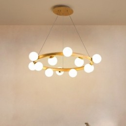 Lampadario a sospensione moderno in legno e vetro, ad anello, 70/80/90 cm, 8/10/12 luci