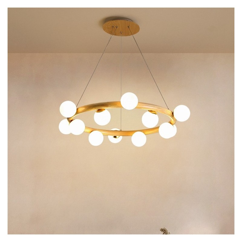 Lampadario a sospensione moderno in legno e vetro, ad anello, 70/80/90 cm, 8/10/12 luci