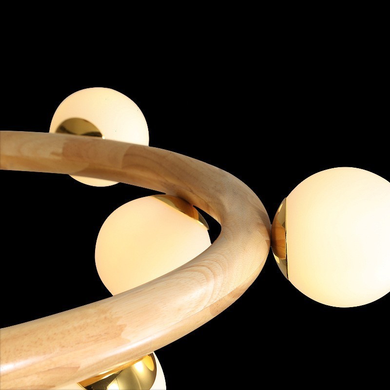 Lampadario a sospensione moderno in legno e vetro, ad anello, 70/80/90 cm, 8/10/12 luci