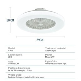 Ventilatore da soffitto LED tricromatico dimmerabile con telecomando, 3 velocità, 5 pale
