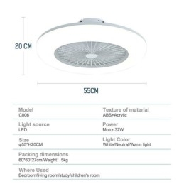 Ventilatore da soffitto con luce LED tricromatica dimmerabile e telecomando, 3 velocità