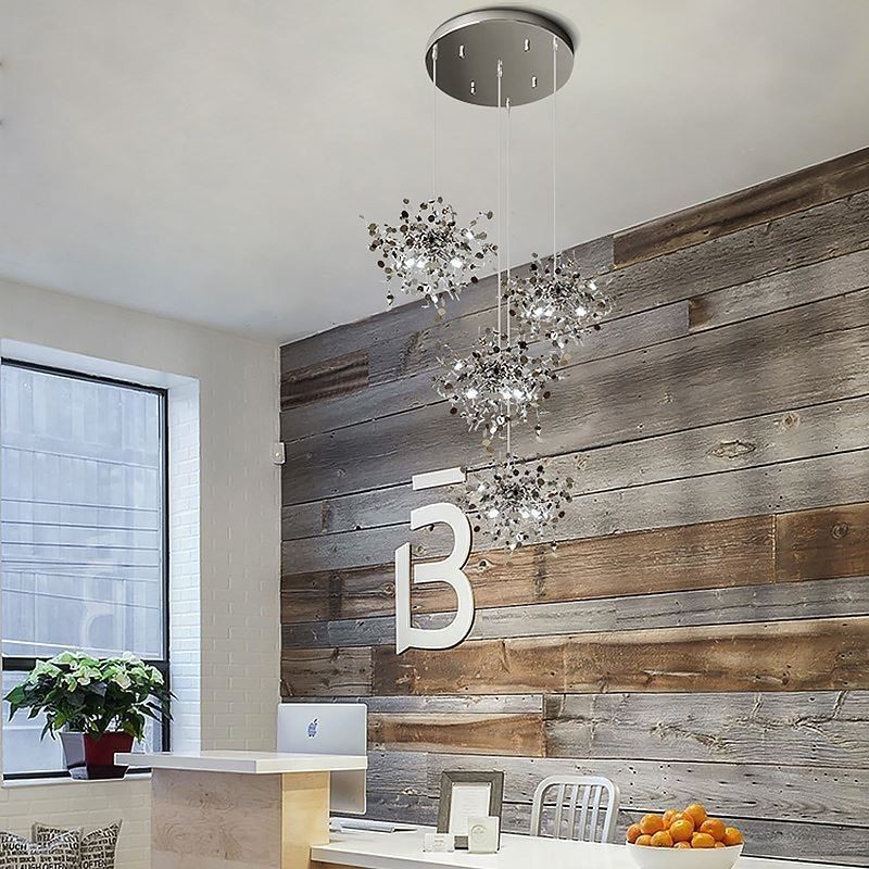 Lampadario a sospensione LED con paillettes in acciaio inox, 9/12 luci