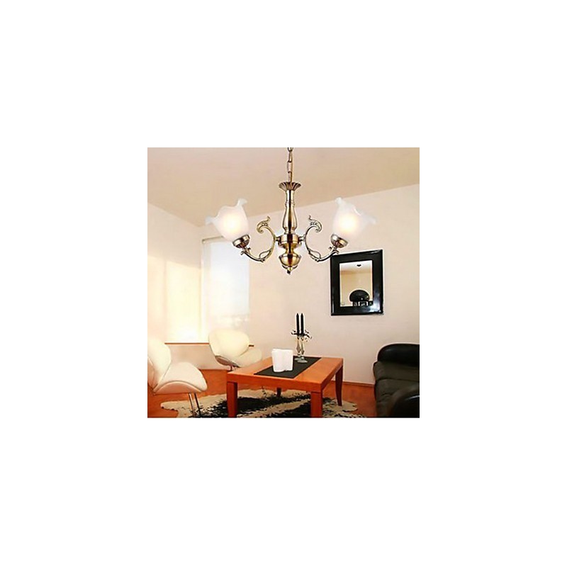 Lampadario europeo a 3 teste bronzo/viola/rosa con paralumi in vetro