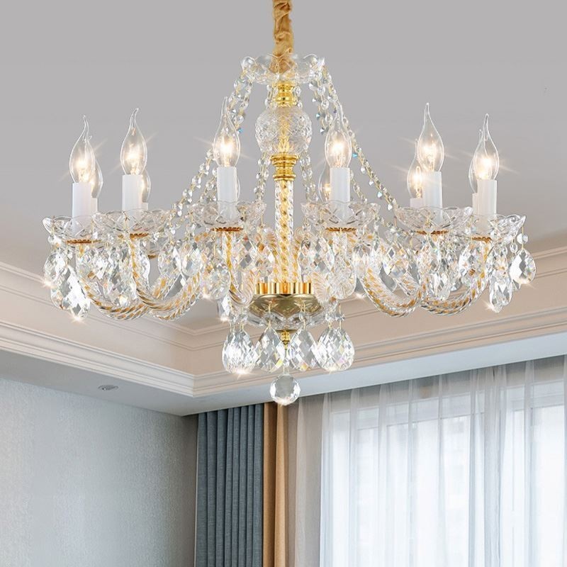 Lampadario a sospensione in cristallo trasparente corpo oro stile europeo 10/12 luci E12/E14