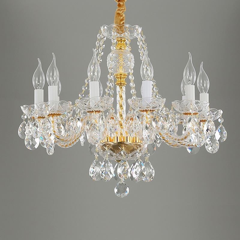 Lampadario a sospensione in cristallo trasparente corpo oro stile europeo 10/12 luci E12/E14