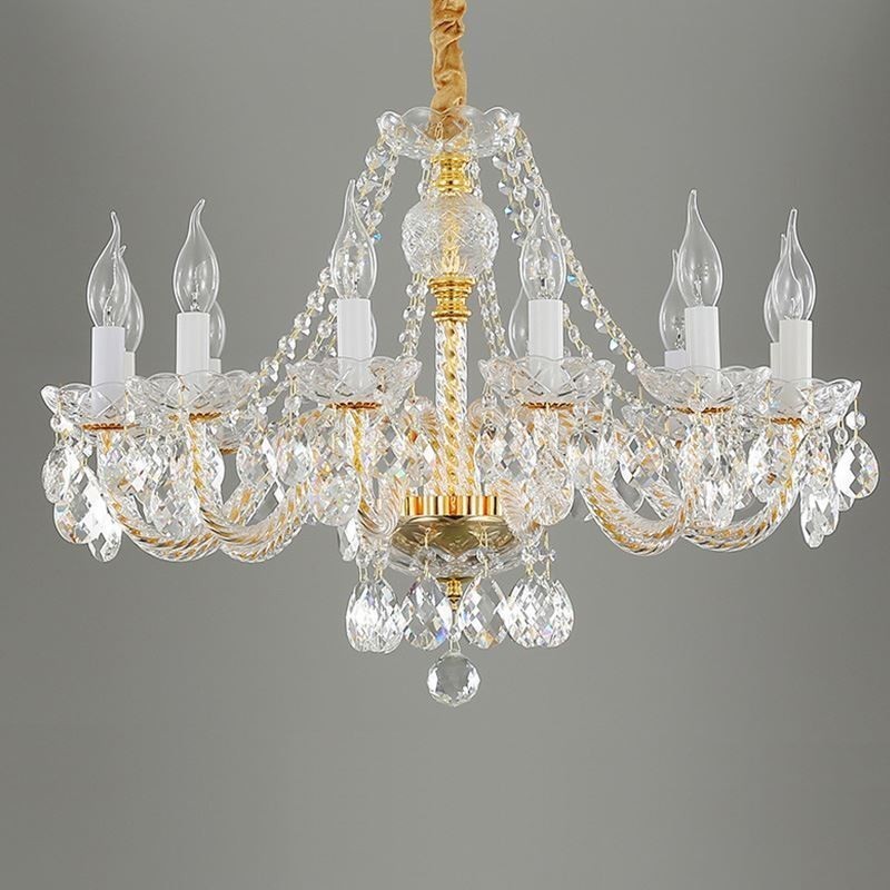 Lampadario a sospensione in cristallo trasparente corpo oro stile europeo 10/12 luci E12/E14