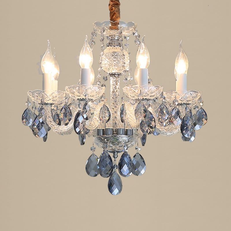 Lampadario europeo in cristallo blu e vetro, 8 luci