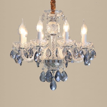 Lampadario europeo in cristallo blu e vetro, 8 luci