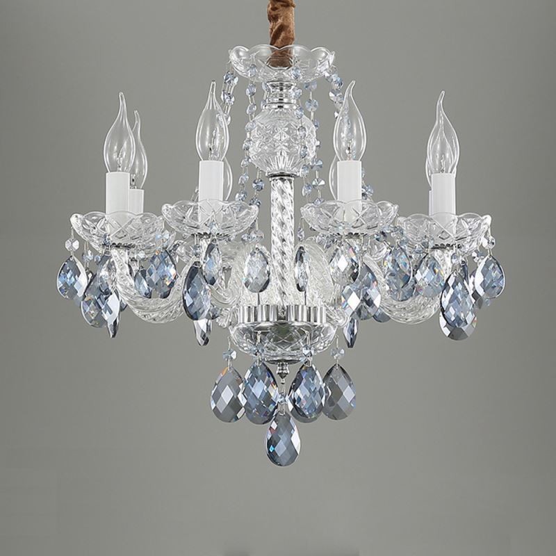 Lampadario europeo in cristallo blu e vetro, 8 luci
