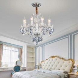 Lampadario europeo in cristallo blu e vetro, 8 luci