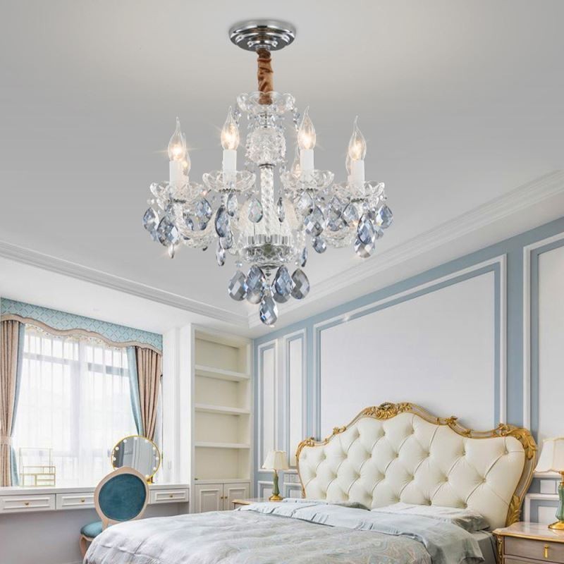 Lampadario europeo in cristallo blu e vetro, 8 luci