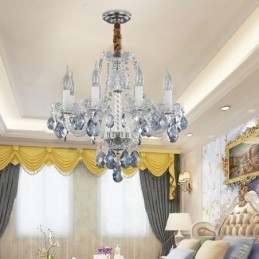 Lampadario europeo in cristallo blu e vetro, 8 luci