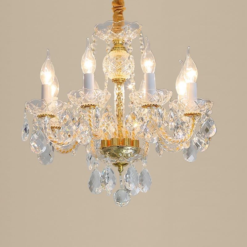 Lampadario a sospensione europeo in cristallo trasparente e vetro, 8 luci, oro