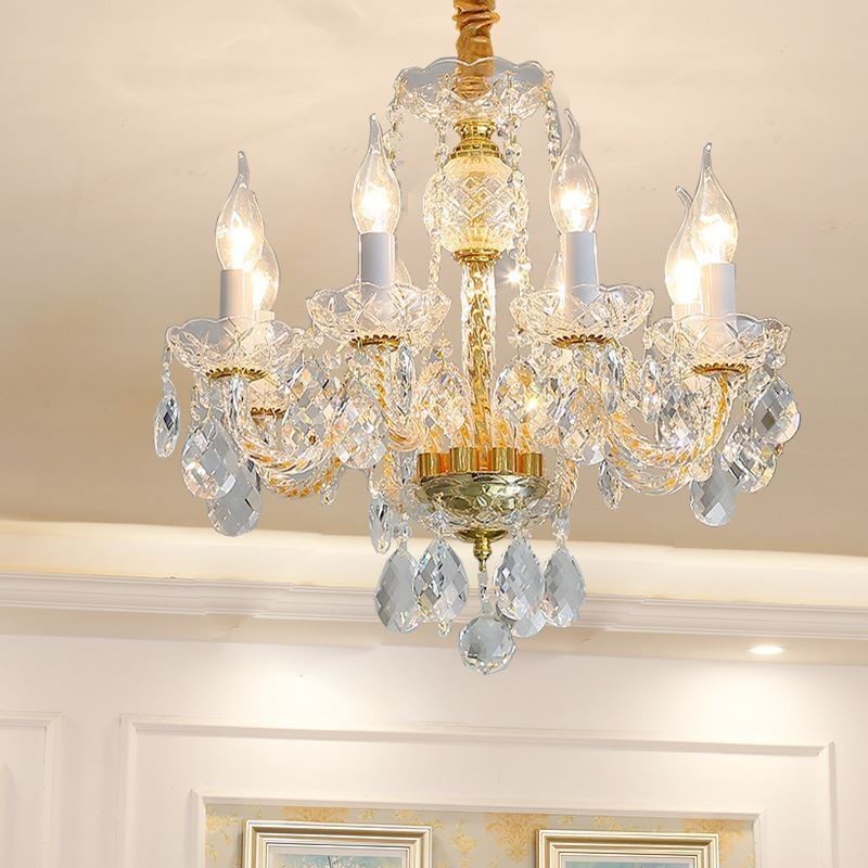 Lampadario a sospensione europeo in cristallo trasparente e vetro, 8 luci, oro
