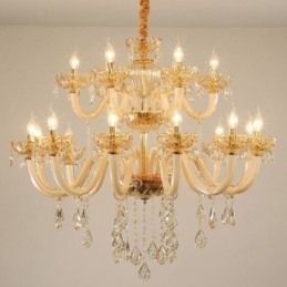 Lampadario a sospensione in cristallo color cognac 12+6 luci, vetro a doppio strato