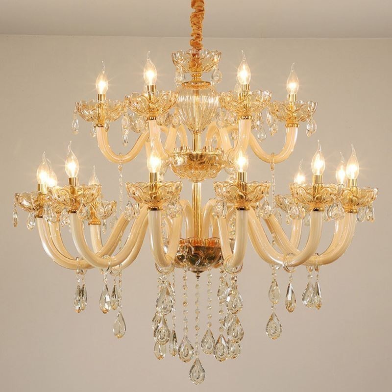 Lampadario a sospensione in cristallo color cognac 12+6 luci, vetro a doppio strato