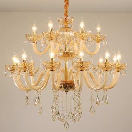 Lampadario a sospensione in cristallo color cognac 12+6 luci, vetro a doppio strato