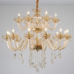 Lampadario a sospensione in cristallo color cognac 12+6 luci, vetro a doppio strato