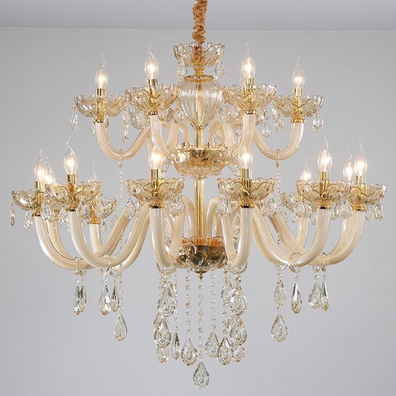 Lampadario a sospensione in cristallo color cognac 12+6 luci, vetro a doppio strato
