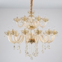 Lampadario a sospensione in cristallo color cognac 12+6 luci, vetro a doppio strato