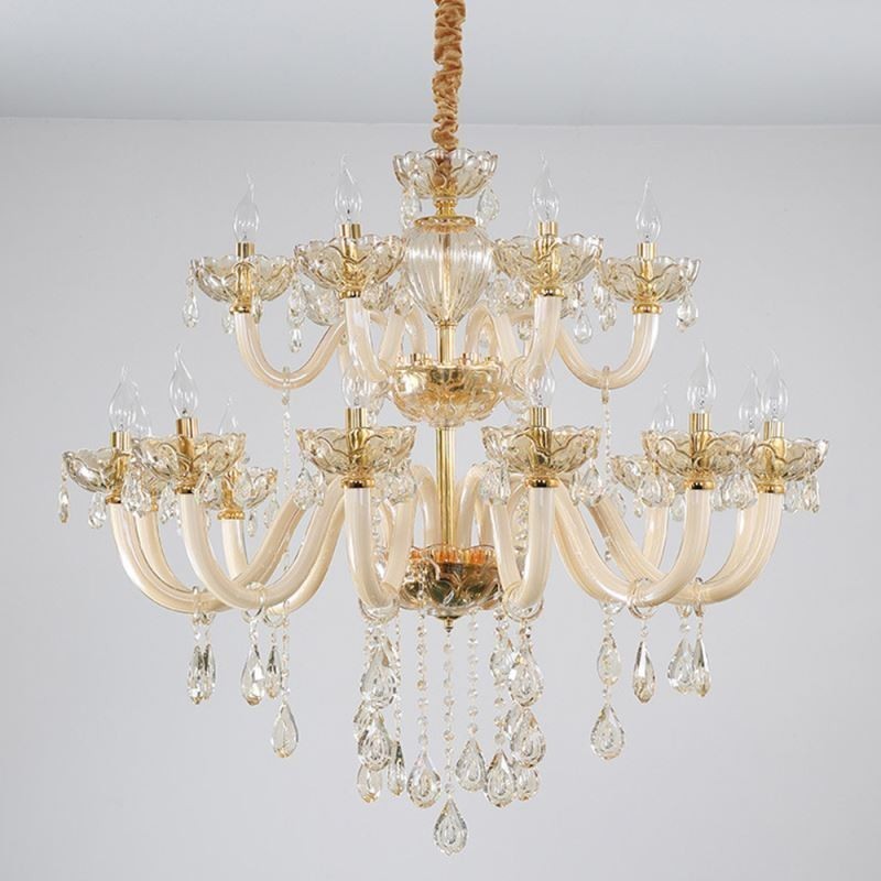Lampadario a sospensione in cristallo color cognac 12+6 luci, vetro a doppio strato