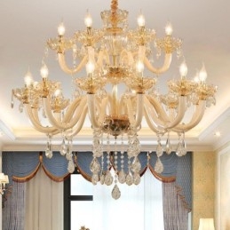 Lampadario a sospensione in cristallo color cognac 12+6 luci, vetro a doppio strato