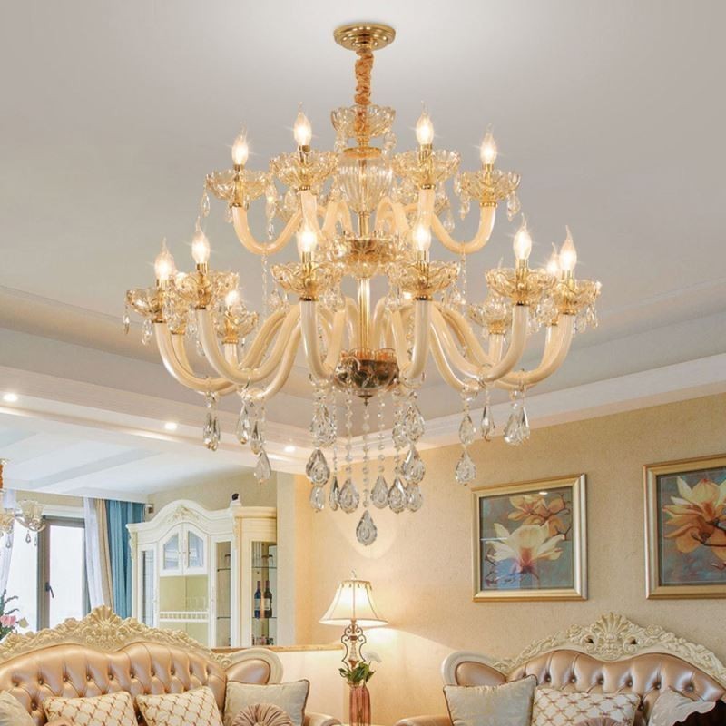 Lampadario a sospensione in cristallo color cognac 12+6 luci, vetro a doppio strato