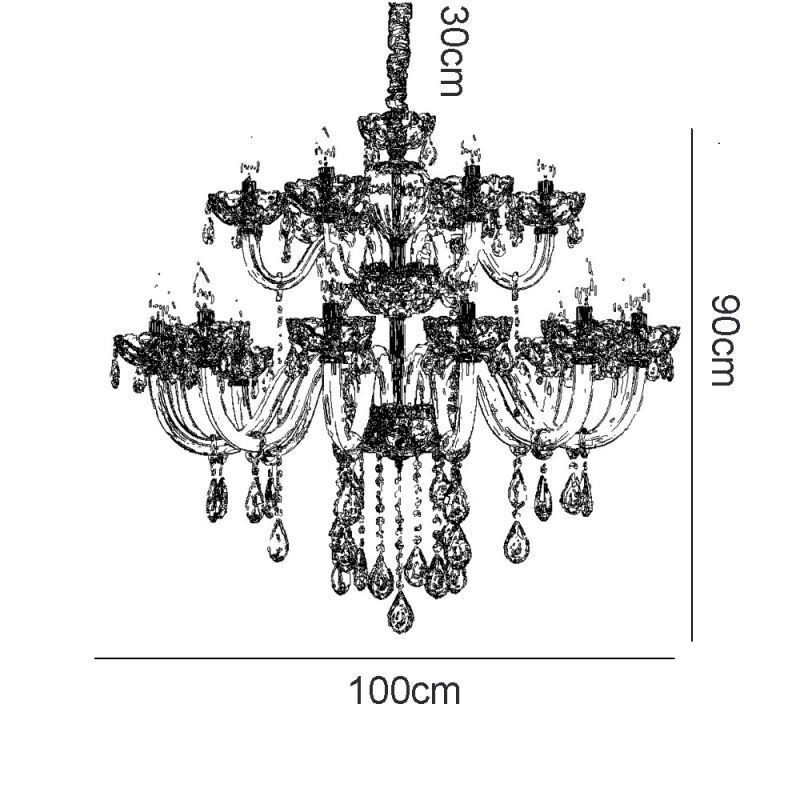 Lampadario a sospensione in cristallo color cognac 12+6 luci, vetro a doppio strato