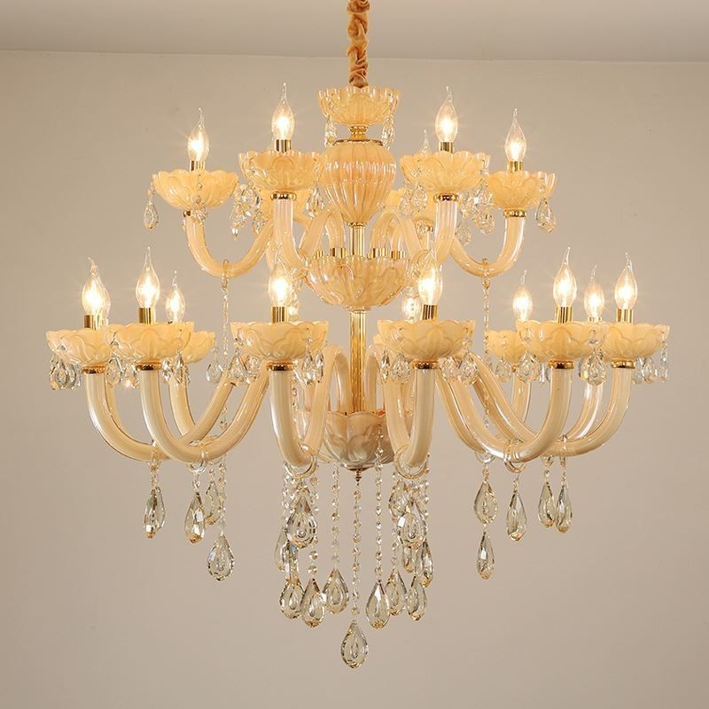 Lampadario a sospensione in cristallo cognac europeo, corpo in vetro a doppio strato, 12+6 luci