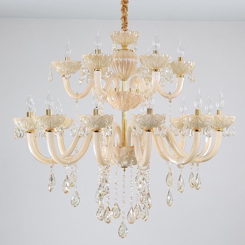 Lampadario a sospensione in cristallo cognac europeo, corpo in vetro a doppio strato, 12+6 luci