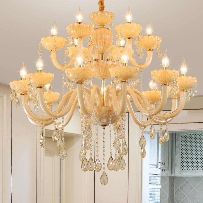 Lampadario a sospensione in cristallo cognac europeo, corpo in vetro a doppio strato, 12+6 luci