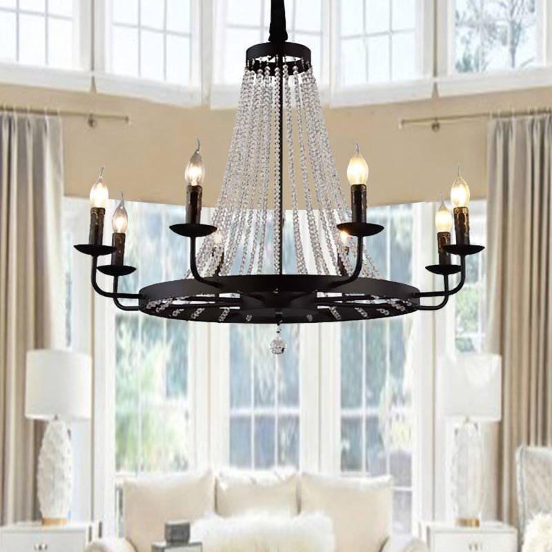 Lampadario a sospensione vintage in cristallo e ferro nero, 8 luci E12/E14 80x66 cm