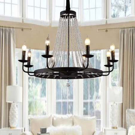 Lampadario a sospensione vintage in cristallo e ferro nero, 8 luci E12/E14 80x66 cm