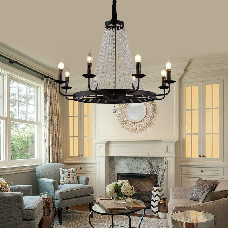 Lampadario a sospensione vintage in cristallo e ferro nero, 8 luci E12/E14 80x66 cm