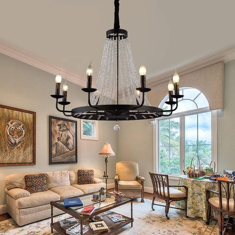 Lampadario a sospensione vintage in cristallo e ferro nero, 8 luci E12/E14 80x66 cm