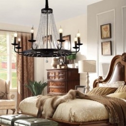 Lampadario a sospensione vintage in cristallo e ferro nero, 8 luci E12/E14 80x66 cm