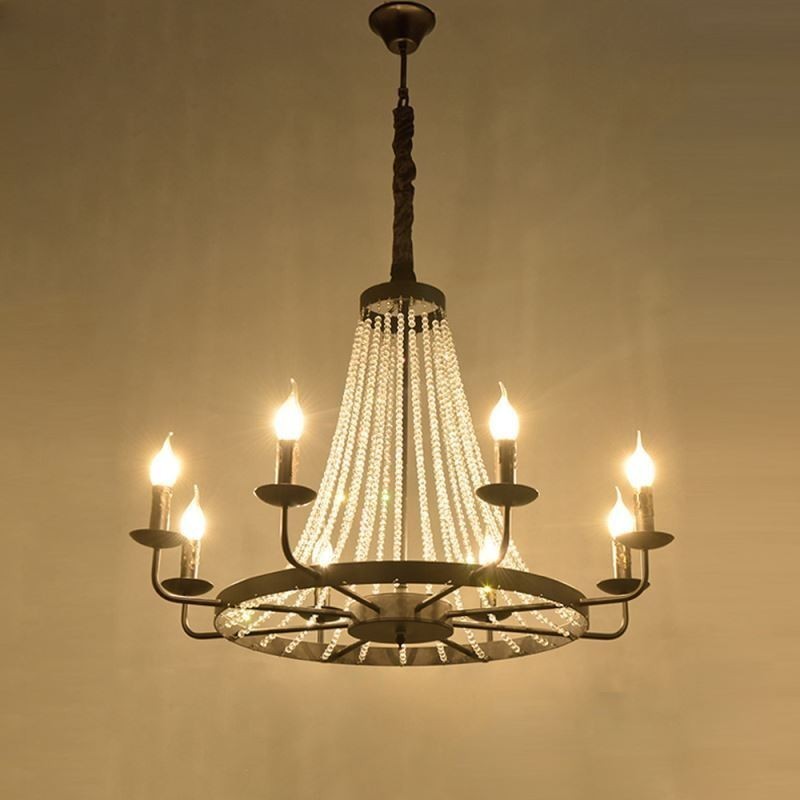 Lampadario a sospensione vintage in cristallo e ferro nero, 8 luci E12/E14 80x66 cm