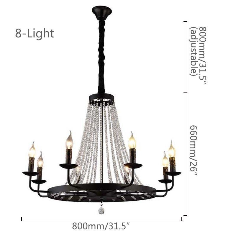 Lampadario a sospensione vintage in cristallo e ferro nero, 8 luci E12/E14 80x66 cm