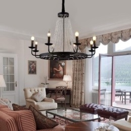 Lampadario a sospensione vintage in cristallo e ferro nero, 8 luci E12/E14 80x66 cm