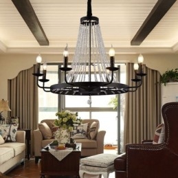 Lampadario a sospensione vintage in cristallo e ferro nero, 8 luci E12/E14 80x66 cm