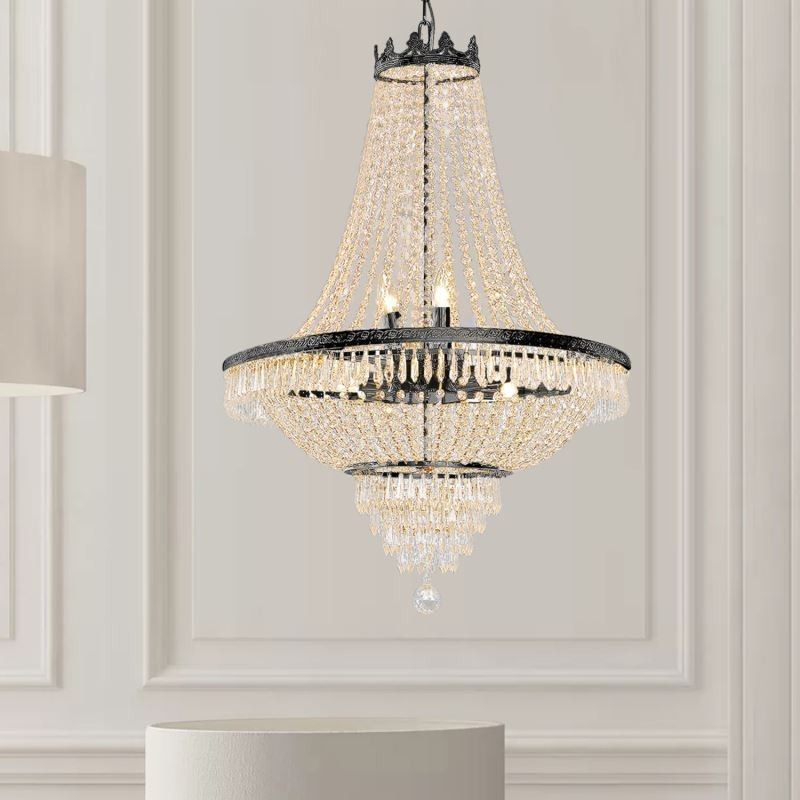 Lampadario a sospensione classico in cristallo stile impero nero 9 luci