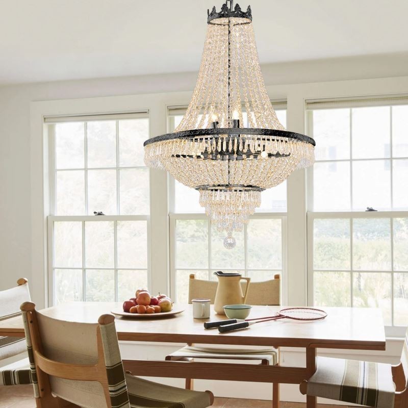 Lampadario a sospensione classico in cristallo stile impero nero 9 luci