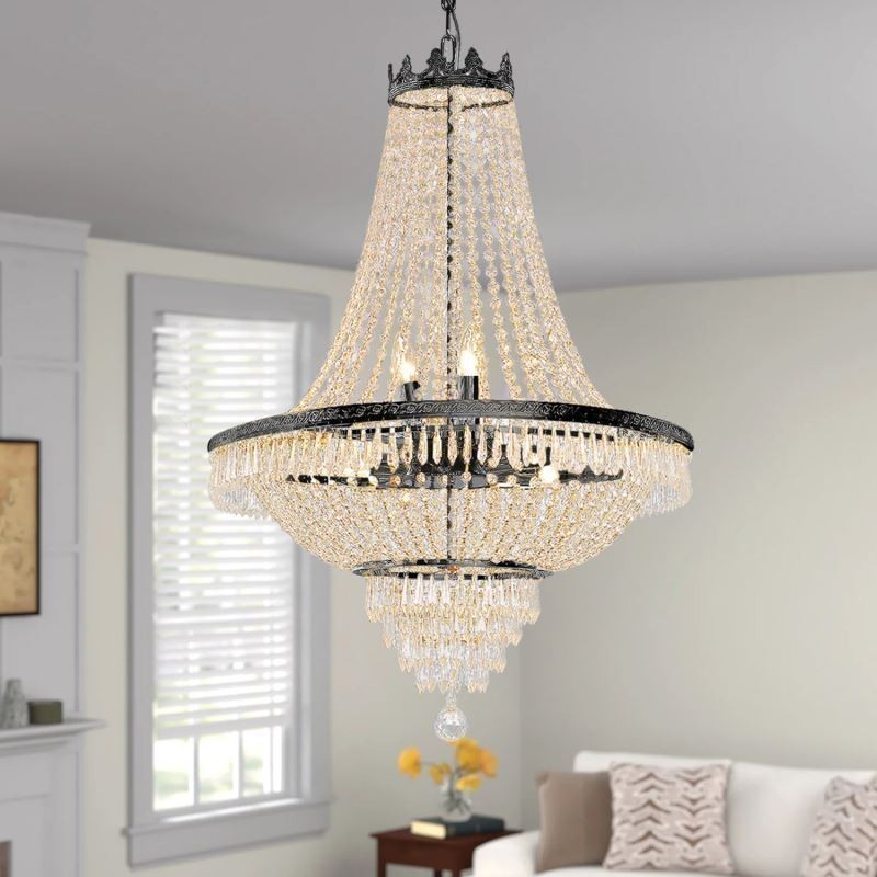 Lampadario a sospensione classico in cristallo stile impero nero 9 luci